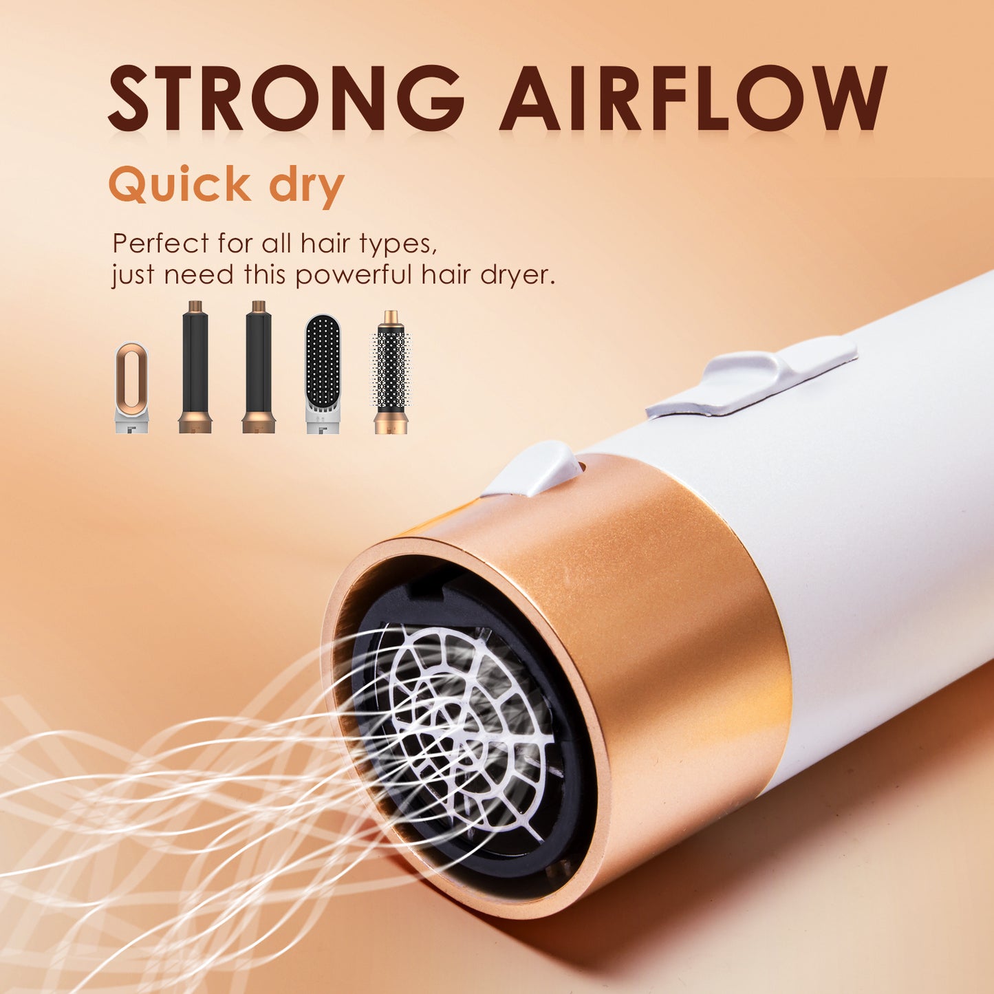 Hair Dryer Brush, Hot Air Brush, 5 In 1 Blow Dryer Brush For Drying Straightening Curling Volumizing Multi Hair Style, White Gold